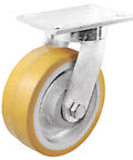 Tough Workhorse Swivel Plate Caster With Eight Inch Polyurethane Wheels And A Cast Iron Core shown from side, highlighting wheel design.