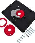Pre Drilled Router Table Insert Plate With Level Loc Calibration Rings For Woodworking Routers showing black heavy-duty plate, calibration rings, and mounting screws.