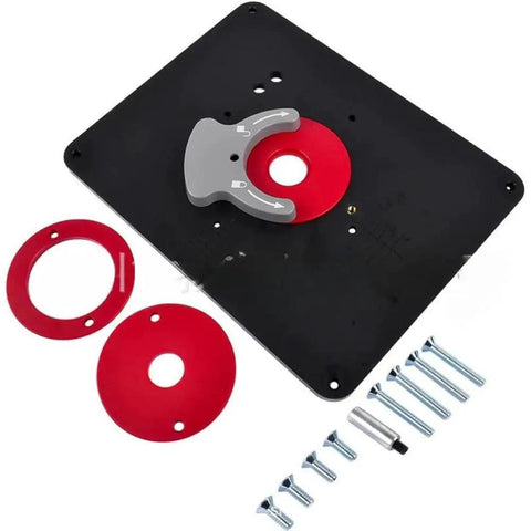 Pre Drilled Router Table Insert Plate With Level Loc Calibration Rings For Woodworking Routers showing black heavy-duty plate, calibration rings, and mounting screws.