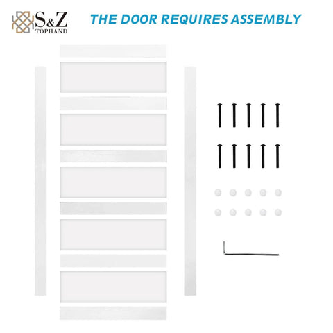 Dope Double Glass MDF Barn Doors Set 18 Inch By 84 Inch With hardware, frosted glass panels, and assembly kit on display.