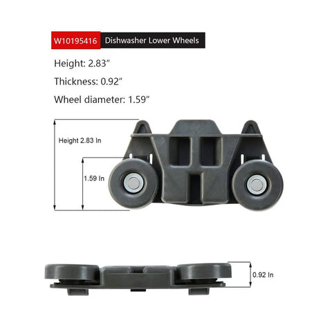 Dishwasher Lower Wheel Replacement Kit W10195416 Four Pack dimensions and front view, fits KitchenAid Whirlpool Kenmore Maytag.