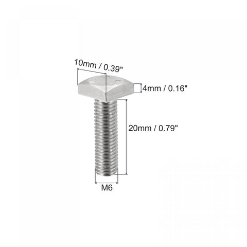 Heavy Duty Square Head Bolts 10 Piece Pack Fully Threaded 304 Stainless Steel Machine Screws, M6 x 20mm size.