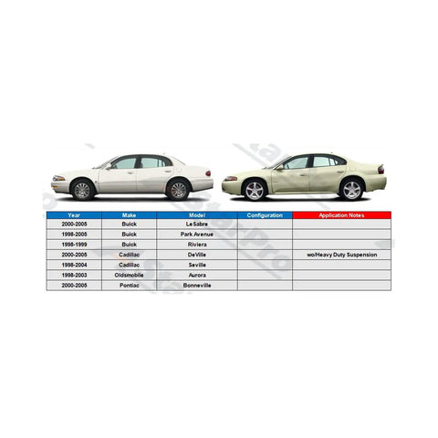 Side view of Buick and Pontiac cars. Compatibility chart for 2 Piece Front Lower Control Arm With Ball Joint Assembly Replacement.