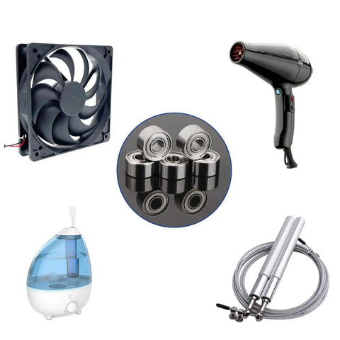 Hella Smooth 683ZZ Ball Bearings 20 Piece Set Mini Double Shielded Deep Groove 3MM X 7MM X 3MM with fan, hair dryer, humidifier and jump rope.
