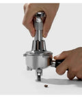 Pro Grade Stainless Steel Espresso Tamper Kit With Auto Rebound for 51 53 and 58 Mm Portafilters in use with threaded base design.
