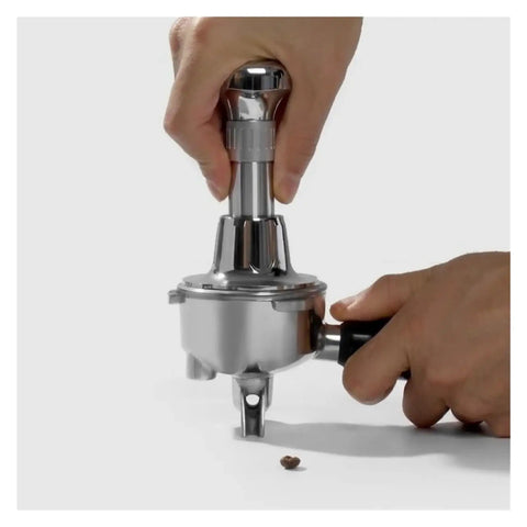 Pro Grade Stainless Steel Espresso Tamper Kit With Auto Rebound for 51 53 and 58 Mm Portafilters in use with threaded base design.