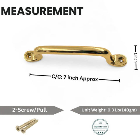 Unlacquered Solid Brass Cabinet Pull, 7 inch length, top view, measurement details, handmade hardware, serene modern style.