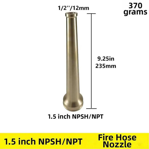 Heavy Duty Solid Brass Fire Hose Nozzle One Point Five Inch NPT Fitting for Hardcore Industrial Firefighting and Straight Shot Water Flow Control. 9.25 inches tall.