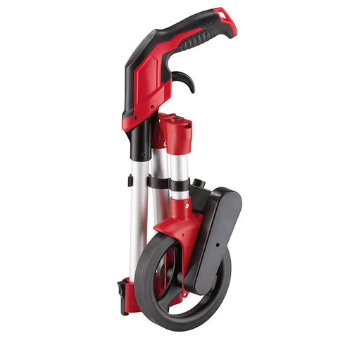 Heavy Duty 6 Inch Measuring Wheel For Construction Sites Built Tough With Reinforced Pivot Top Brake Ergonomic Grip Job Site Ready, folded position showing ergonomics.