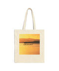 Outrigger Canoe Sunset Molokai Hawaii Cotton Canvas Tote Bag For Everyday Errands And Shopping 15x16 Inch Beige Tote With 20 Inch Self Fabric Handles And Reinforced Stitching, front view