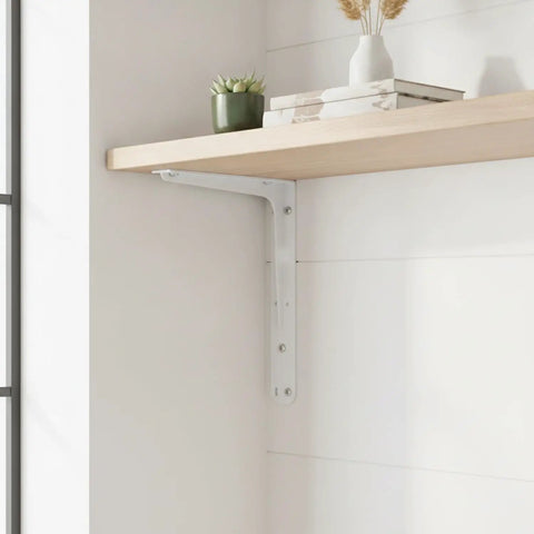 Rock Solid White L Shaped Shelf Bracket For Wall Mounted Cabinets And Floating Shelves Built From Durable Q235 Steel supporting a shelf