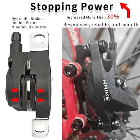 HAIKS MT200 hydraulic disc brake set; front close-up and installed view on mountain bike.