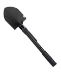 Folding Survival Shovel For Camping And Trekking, entrenching tool with serrated black metal blade and handle, side view