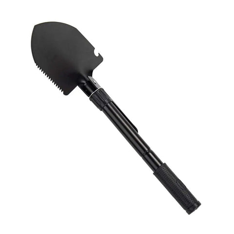 Folding Survival Shovel For Camping And Trekking, entrenching tool with serrated black metal blade and handle, side view