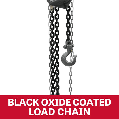 Half-Ton Hand Chain Hoist With 10 Ft Lift And Industrial Build, 360 Degree Rotating Alloy Steel Hooks, black oxide coated