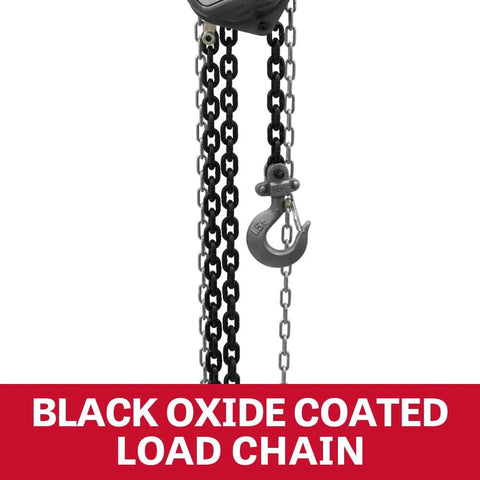 Front view: Jet 1-ton hand chain hoist with 20 ft lift and black oxide coated load chain