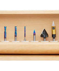 Heavy Hitter 10 Piece Signmaking CNC Router Bit Collection IV with various bit sizes displayed in wooden box.