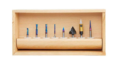 Heavy Hitter 10 Piece Signmaking CNC Router Bit Collection IV with various bit sizes displayed in wooden box.