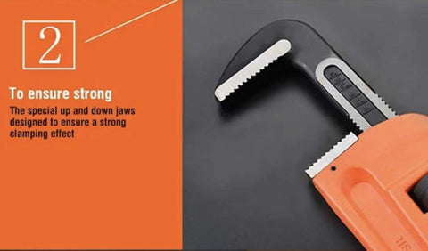 Close-up of Beefy Heavy Duty Pipe Wrench 12 Inch Heat Treated Steel With Forged Hook Jaw and orange finish for superior grip.