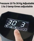 Pro Level Automatic Coffee Tamper Machine Featuring Adjustable Pressure Control Built To Reduce Wrist Strain And Help You Nail Consistent Espresso Shots Without Any Sweat Or Complicated Setup Daily display showing adjustable pressure and tamp times.