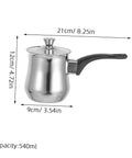 Stainless Steel Turkish Style Coffee Pot Milk Warmer Pitcher With Lid, dimensions 21x12x9 cm, easy to clean for home brew coffee lovers.