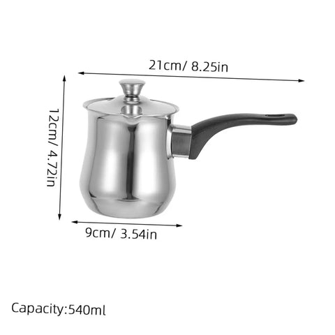 Stainless Steel Turkish Style Coffee Pot Milk Warmer Pitcher With Lid, dimensions 21x12x9 cm, easy to clean for home brew coffee lovers.
