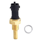 Front view: HiSport coolant temperature sensor with brass threaded body and black plastic connector, includes washer