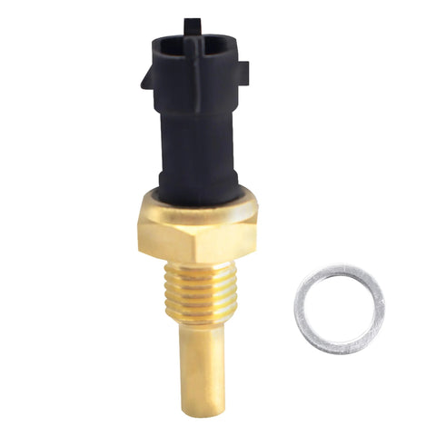 Front view: HiSport coolant temperature sensor with brass threaded body and black plastic connector, includes washer