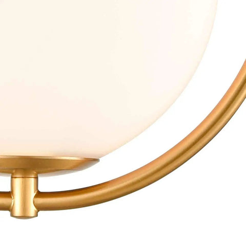 Close-up of Industrial Mid Century Modern Brass Semi Flush Mount Ceiling Light With Opal Milk Glass Globe Fixture detail