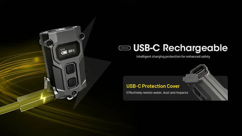 Ultra Compact 600 Lumen Keychain Flashlight USB C Rechargeable EDC Light with OLED display and USB-C protection cover