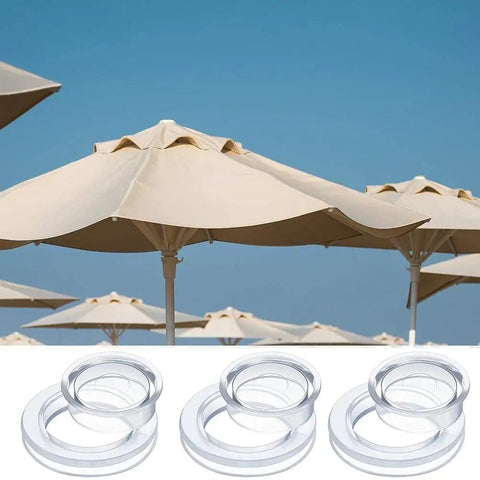 Durable PVC Patio Table Umbrella Hole Ring Plug For Outdoor Dining Tables, 6.1cm tall and 4.2cm inner diameter, shown on patio.