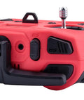 Close-up of Pocket Crush 2.4GHz ELRS Hall Gimbal Transmitter Remote Control, cherry red casing, black controls, compact antenna.