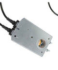 Heavy Duty Damper Actuator Featuring Ten Nm Torque And Ip54 Protection For Hvac Duct Control Systems Built Solid For Commercial Installations Totally Hassle Free To Swap Out, top view showing metal casing and connectors.