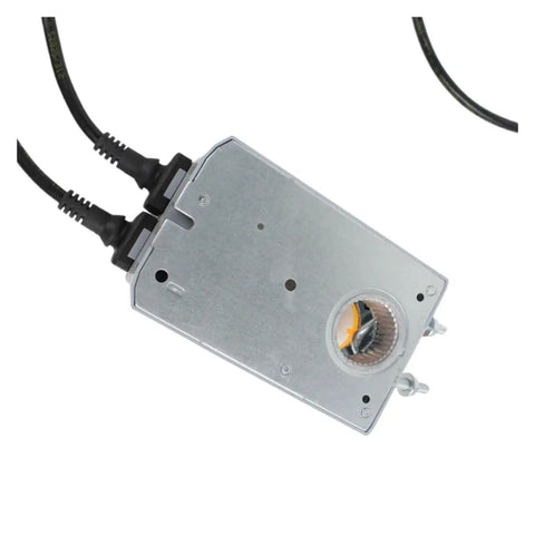Heavy Duty Damper Actuator Featuring Ten Nm Torque And Ip54 Protection For Hvac Duct Control Systems Built Solid For Commercial Installations Totally Hassle Free To Swap Out, top view showing metal casing and connectors.