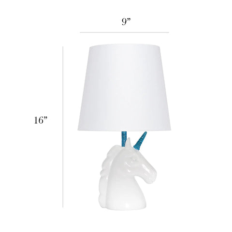 Totally Sparkly Pink Unicorn Table Lamp With Glitter Resin Base And White Tapered Shade, showcasing height and width dimensions.