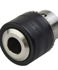 High Quality Rock Solid One Half Inch Drill Chuck With Secure Morse Taper Two Mounting Comes With Key For Precise Metal Or Wood Drilling On Lathe Tailstock Built For Serious Shop And Garage Use Making Your Work Simple And Fast To Handle, front view