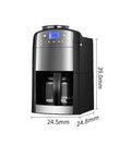 Totally Automatic Bean To Cup Coffee And Tea Maker With Built In Grinder and generous size carafe, displayed at an angle with dimensions.
