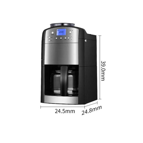 Totally Automatic Bean To Cup Coffee And Tea Maker With Built In Grinder and generous size carafe, displayed at an angle with dimensions.