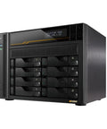 Heavy Duty Eight Bay Nas Built For Knockout Performance With Amd Ryzen Processor And Sixteen Gb Ecc Ddr5 Memory Comes Loaded With Three Terabyte Ssd Drives And Dual Ten Gigabit Ethernet Ports For Real World Pros, angled view displaying drive bays and control panel.