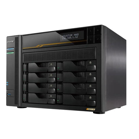 Heavy Duty Eight Bay Nas Built For Knockout Performance With Amd Ryzen Processor And Sixteen Gb Ecc Ddr5 Memory Comes Loaded With Three Terabyte Ssd Drives And Dual Ten Gigabit Ethernet Ports For Real World Pros, angled view displaying drive bays and control panel.