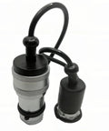 Front/side view of a 1/4 in NPT ISO7241-B hydraulic quick-connect coupler set with dust caps; metal body with knurled silver collar