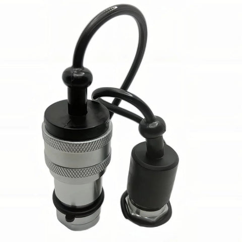 Front/side view of a 1/4 in NPT ISO7241-B hydraulic quick-connect coupler set with dust caps; metal body with knurled silver collar