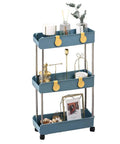 Three Tier Slim Mobile Shelving Unit On Wheels With Slide Out Storage Cart For Kitchen Bathroom Laundry Room And Small Nooks In Narrow Spaces Navy Blue Ultimate Utility Cart Organizer with decorative items on shelves.