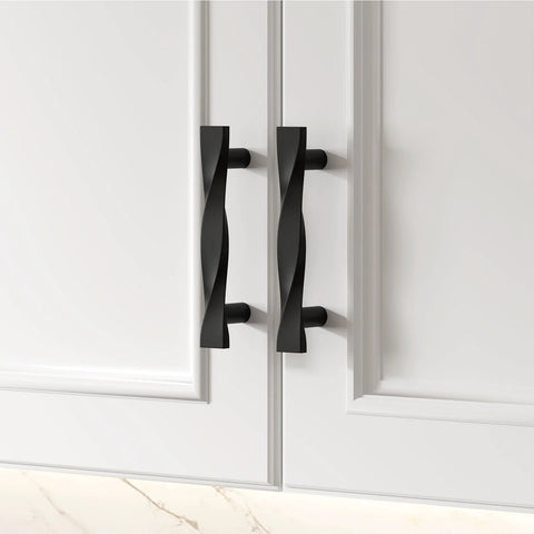 10 Pack Matte Black Cabinet Handles Made From Solid Zinc Alloy With Corrosion Resistant Coating installed on white cabinet doors