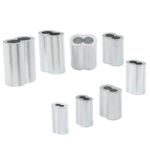 One Eighth Inch Aluminum Wire Rope Crimp Sleeves Set, Double Barrel Cable Crimps for One Eighth Inch Wire, 120 Pieces, Pro Grade Premium Aluminum Alloy, Durable, Easy Install, Heavy Duty Cable End Sleeves for DIY and Marine, assorted crimp sleeves