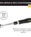 Extendable Half Inch Drive Ratchet Built For The Workhorse Job With 18 To 23 And A Half Inches Telescoping Reach, 72 Tooth