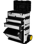 Rolling Three Part Toolbox Kit With Easy Grip Handle, Mobile Organizer On Wheels For Tools, Hardware, And Crafts; Includes Tray, Two Drawers, And Large Bottom Compartment For Quick Access, shown with open compartments.