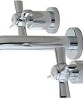 Millennium 2-Handle Wall Mount Bathroom Faucet in polished chrome finish with tubular spout and ceramic disc valves