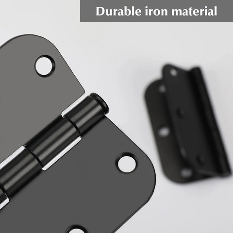 Close-up of 24 Pack Matte Black Interior Door Hinges No Squeak 3.5 Inch Rounded Corner with heavy duty iron construction.