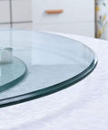 Close-up of Heavy Duty Tempered Glass Lazy Susan Turntable edge, featuring a smooth design and anti-collision feature.